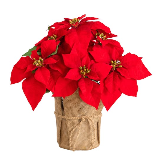 Nearly Natural 13" Artificial Red Velvet Poinsettia Arrangement in Burlap Planter